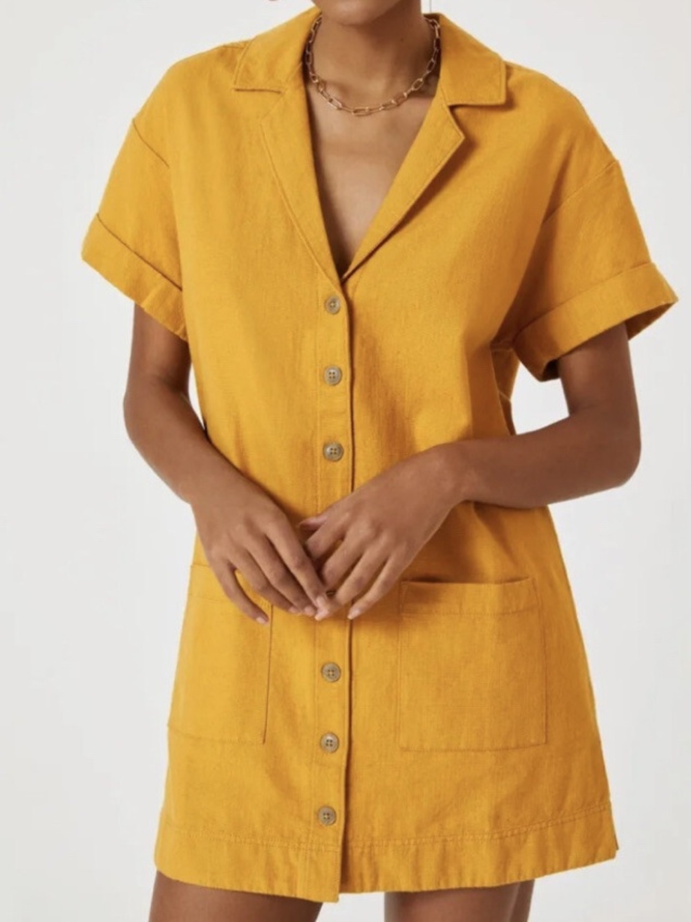 Pilcro yellow Textured Top Contrast Trim cotton linen Button-down Shirt Dress xs
